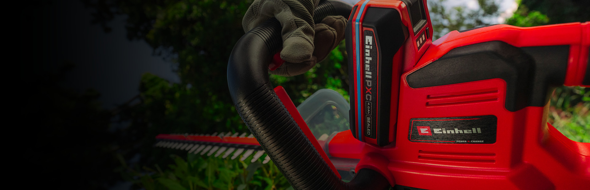 Detail einer Einhell-Akku-Heckenschere beim Schneiden einer Hecke.