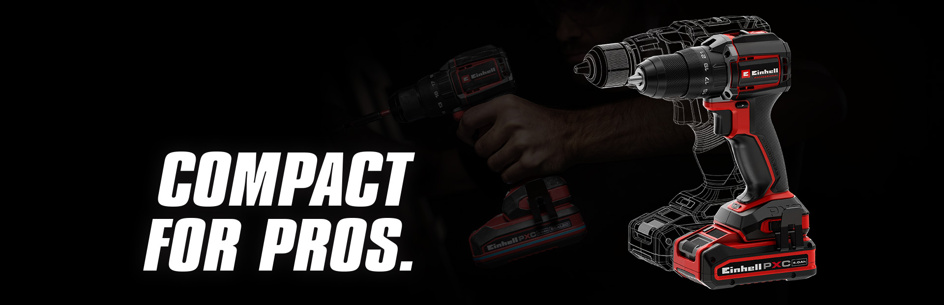 Cordless drill with battery on black background, next to text “COMPACT FOR PROS.”