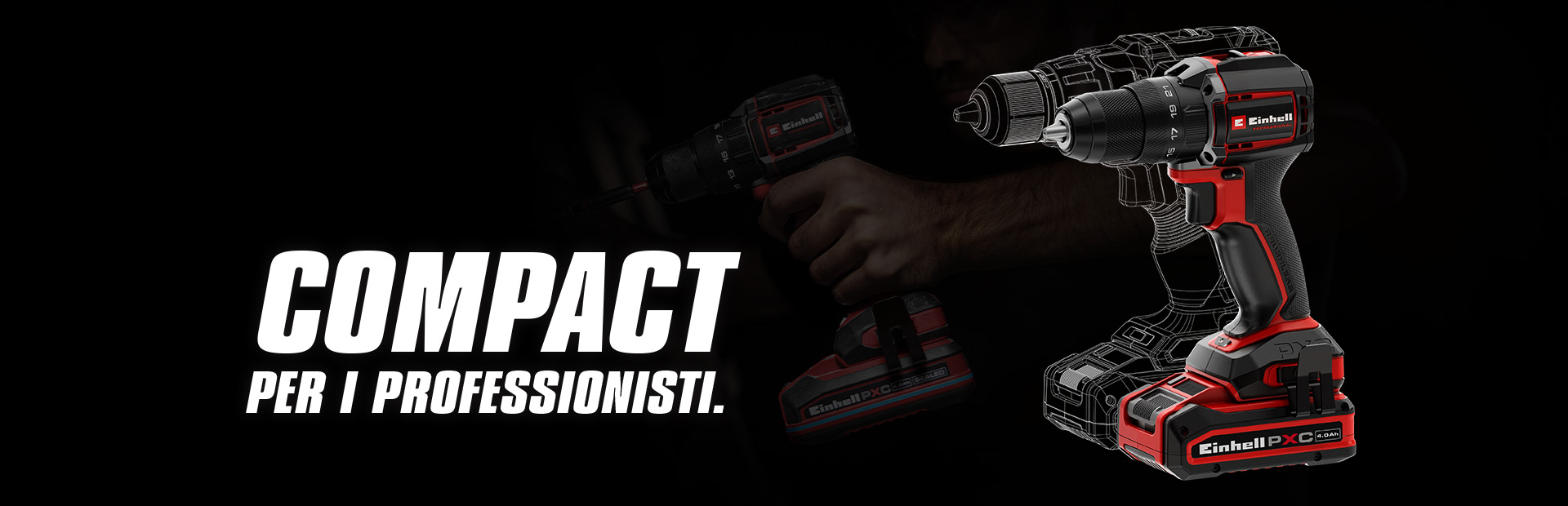Trapano avvitatore a batteria su sfondo nero, accanto al testo “COMPACT PER I PROFESSIONISTI.”