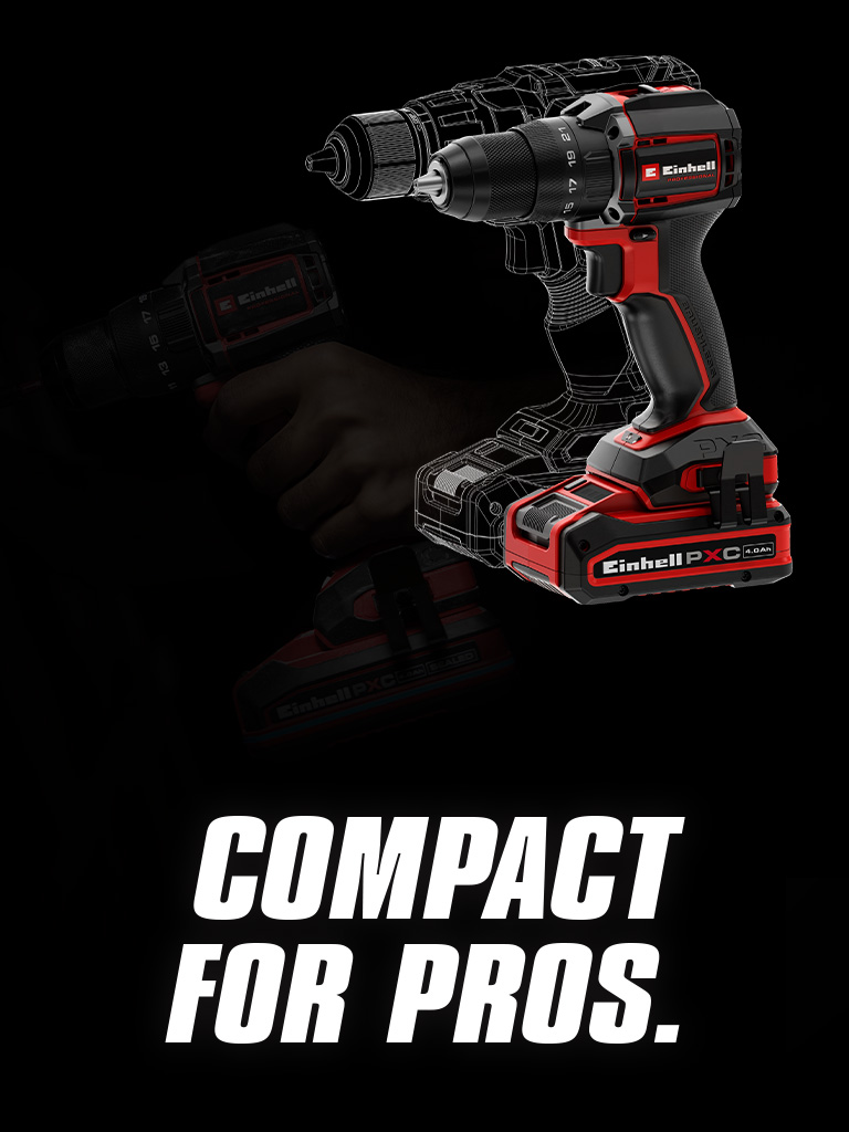 Cordless drill with battery on black background, next to text “COMPACT FOR PROS.”