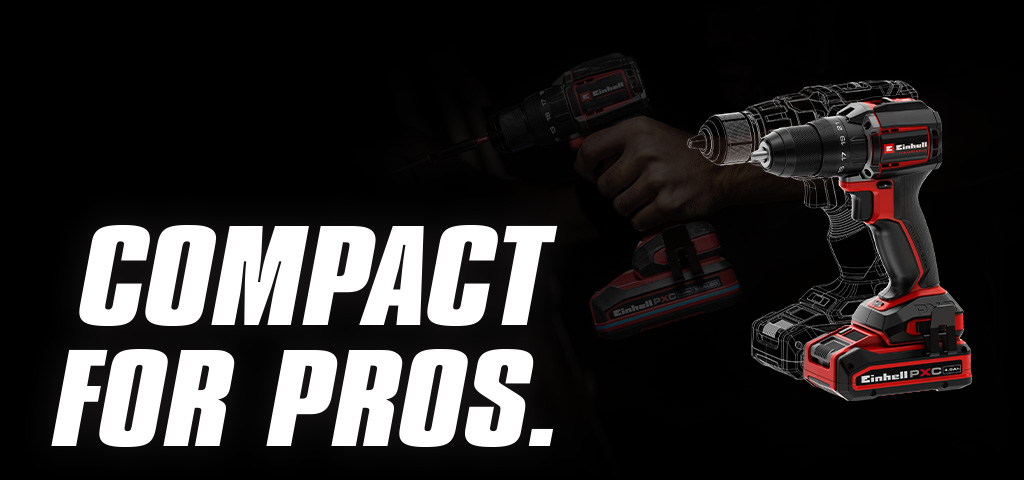 Cordless drill with battery on black background, next to text “COMPACT FOR PROS.”
