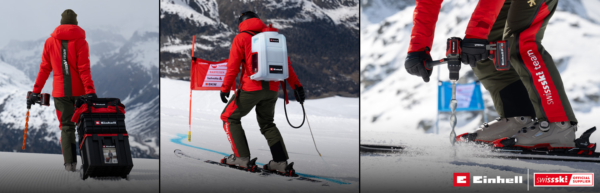 Drei Szenen zeigen ein Swiss-Ski-Team-Mitglied bei der Arbeit im Schnee mit Einhell-Geräten. Links: Die Person steht mit einem Einhell Akkubohrschrauber und einem großen Werkzeugkoffer mit Rollen auf präparierter Schneefläche vor Bergkulisse. Mitte: Die Person trägt einen weißen Einhell-Rucksack mit Schlauch und bewegt sich auf Skiern an einer Slalom-Strecke vorbei. Rechts: Nahaufnahme des Einhell Akkubohrschraubers mit Eisbohrer-Aufsatz beim Bohren in den Schnee, getragen von einer Person in Skischuhen mit „Swiss-Ski-Team“-Hose.