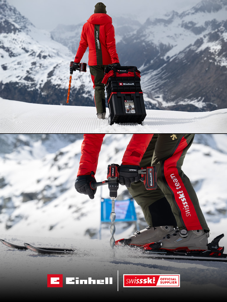 Zwei Szenen im Schnee: Oben steht ein Swiss-Ski-Team-Mitglied mit einem Einhell Akkubohrschrauber und einem großen Einhell-Werkzeugkoffer auf Rollen vor verschneiten Bergen. Unten bohrt dieselbe Person mit dem Einhell Akkubohrschrauber ein Loch in den Schnee, erkennbar sind Skischuhe und die „Swiss-Ski-Team“-Hose.