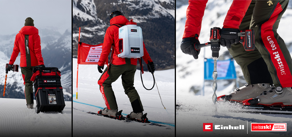 Drei Szenen zeigen ein Swiss-Ski-Team-Mitglied bei der Arbeit im Schnee mit Einhell-Geräten. Links: Die Person steht mit einem Einhell Akkubohrschrauber und einem großen Werkzeugkoffer mit Rollen auf präparierter Schneefläche vor Bergkulisse. Mitte: Die Person trägt einen weißen Einhell-Rucksack mit Schlauch und bewegt sich auf Skiern an einer Slalom-Strecke vorbei. Rechts: Nahaufnahme des Einhell Akkubohrschraubers mit Eisbohrer-Aufsatz beim Bohren in den Schnee, getragen von einer Person in Skischuhen mit „Swiss-Ski-Team“-Hose.