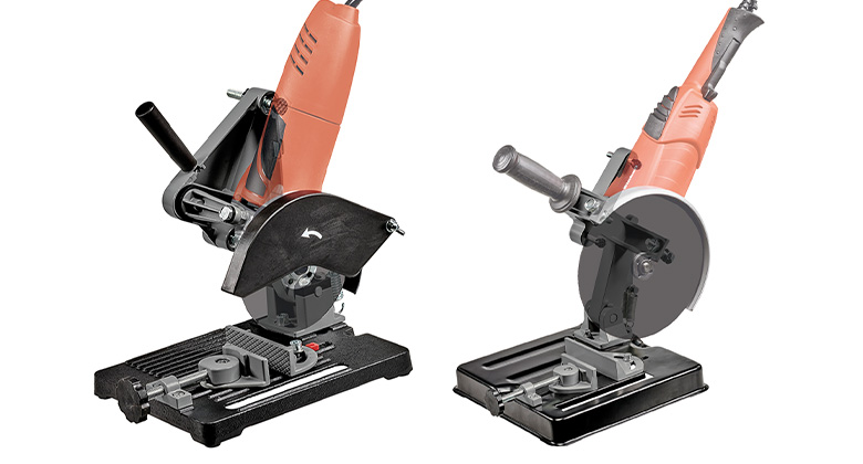 Two views of an Einhell angle grinder stand for precise cutting and grinding.