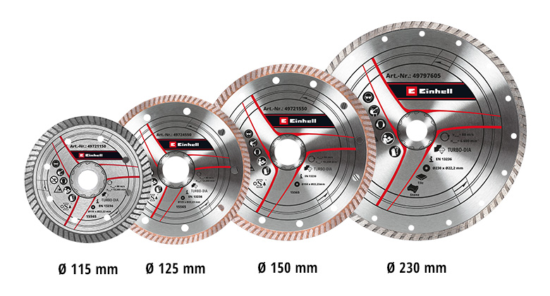 Four Einhell diamond blades in various diameters ranging from 115 mm to 230 mm.
