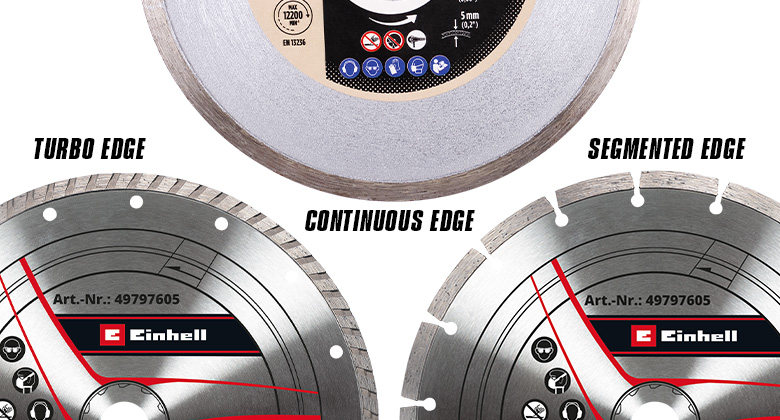 Three Einhell diamond blades with different cutting edges: turbo edge, continuous edge, and segmented edge.