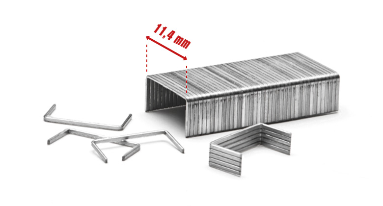 A stack of silver staples with a width of 11.4 mm, alongside some loose and bent staples.