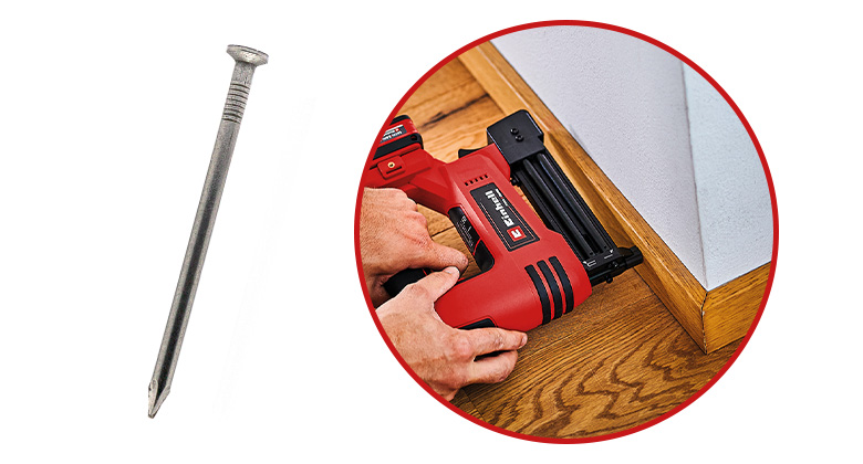 On the left, a single nail; on the right, a circular image showing a person using an Einhell cordless stapler to attach a skirting board to the floor.