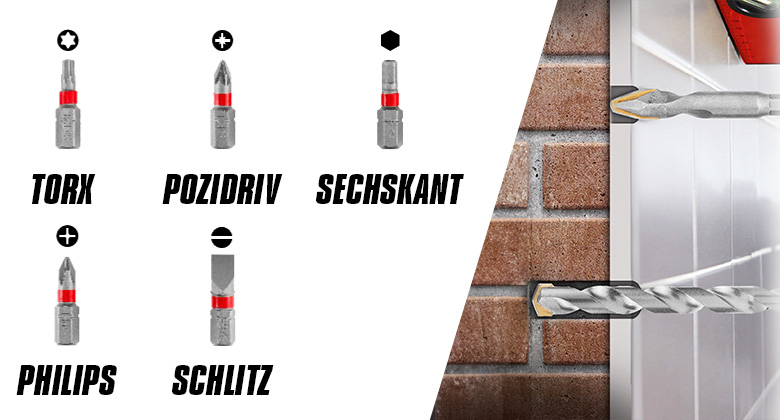 Das Bild zeigt verschiedene Schrauberbits (Torx, Pozidriv, Sechskant, Philips und Schlitz) sowie eine Bohrspitze, die in eine Backstein- und Fliesenwand bohrt.