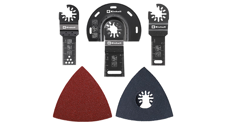 Various attachments for a multi-tool, including cutting and sanding accessories, are arranged on a white background.