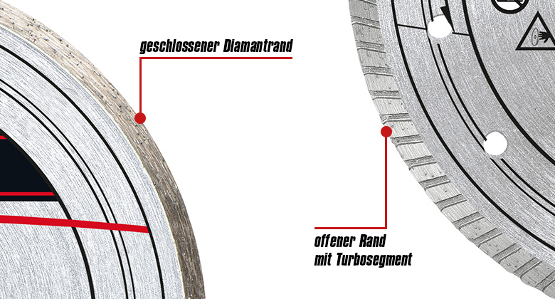 Nahaufnahme einer Diamant-Trennscheibe mit geschlossenem Rand und einer mit offenem Rand mit Turbosegment.