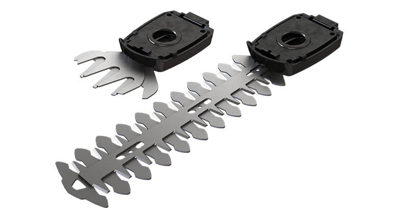 Das werkzeuglos wechselbare Grasschneideblatt und Strauchscherenmesser einer Einhell Gras- und Strauchschere.