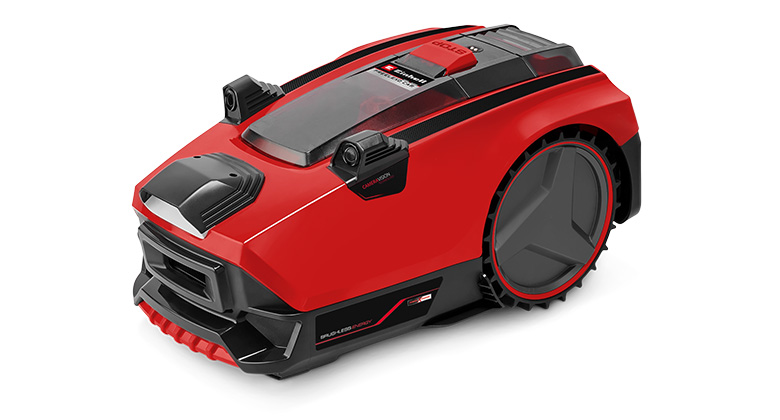 Der Einhell Mähroboter FREELEXO CAM 500 in Rot mit großen Rädern, Kamerasensoren und einem modernen, kantigen Design.