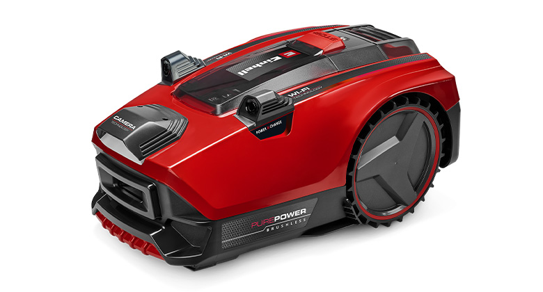 Der Einhell Mähroboter FREELEXO CAM PLUS 600 in Rot mit großen Rädern, Kamerasensoren und der Aufschrift „Pure Power Brushless“.