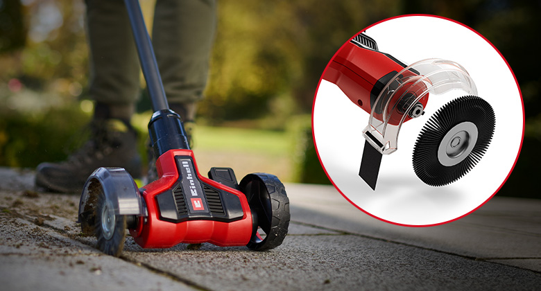 Detail of the Einhell cordless patio cleaner in use; inset shows changing the brush and guide wheel.