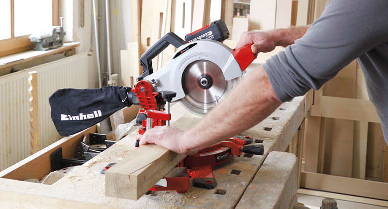 cordless mitre saw in use