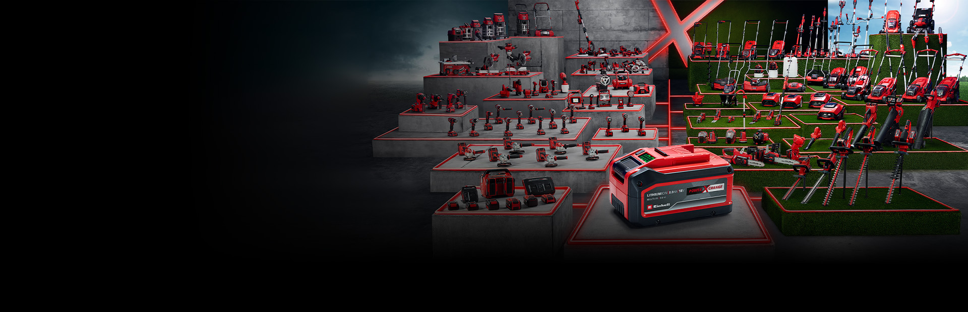 Der Banner zeigt eine Person, die mit einem rot-schwarzen Einhell-Akkuschlagschrauber an dem Rad eines Rennwagens in einer Werkstatt arbeitet.