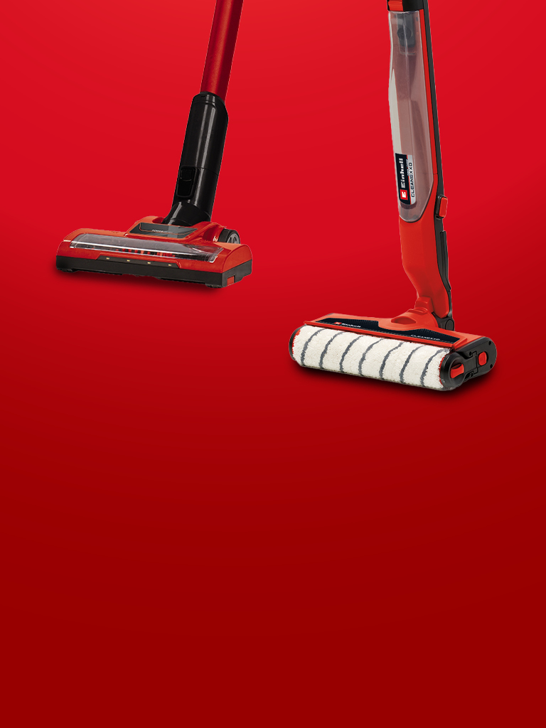 Darstellung eines Einhell-Stielstaubsaugers und eines Einhell-Hartbodenreinigers.