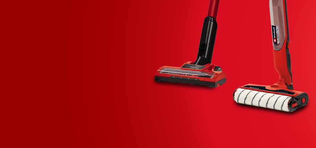 Darstellung eines Einhell-Stielstaubsaugers und eines Einhell-Hartbodenreinigers.