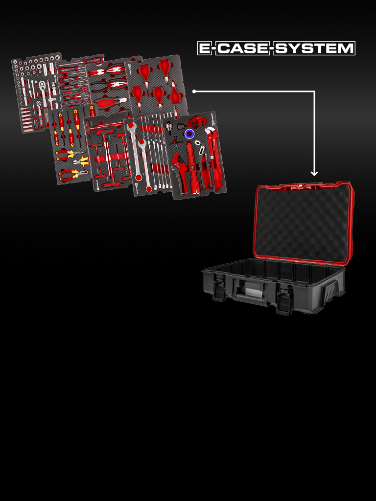 Das Bild zeigt mehrere modular angeordnete Werkzeugeinlagen mit rot‑grauen Handwerkzeugen. Rechts daneben befindet sich ein schwarzer Transportkoffer, zu dem die gezeigten Einsätze gehören. Oben rechts steht der Schriftzug „E‑CASE SYSTEM“.
